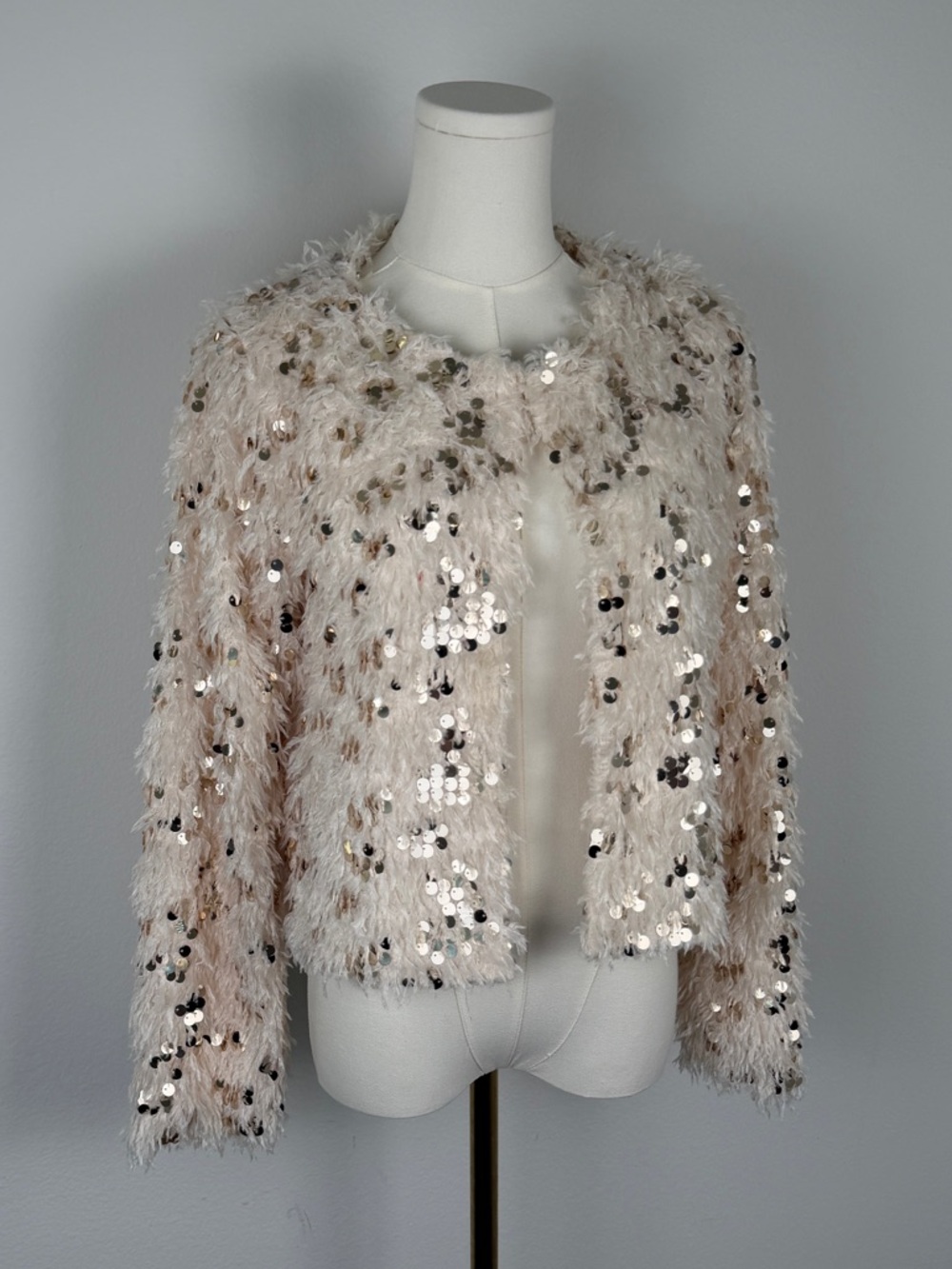 Skies Are Blue Cream Sequin Feathered Open-Front Jacket
